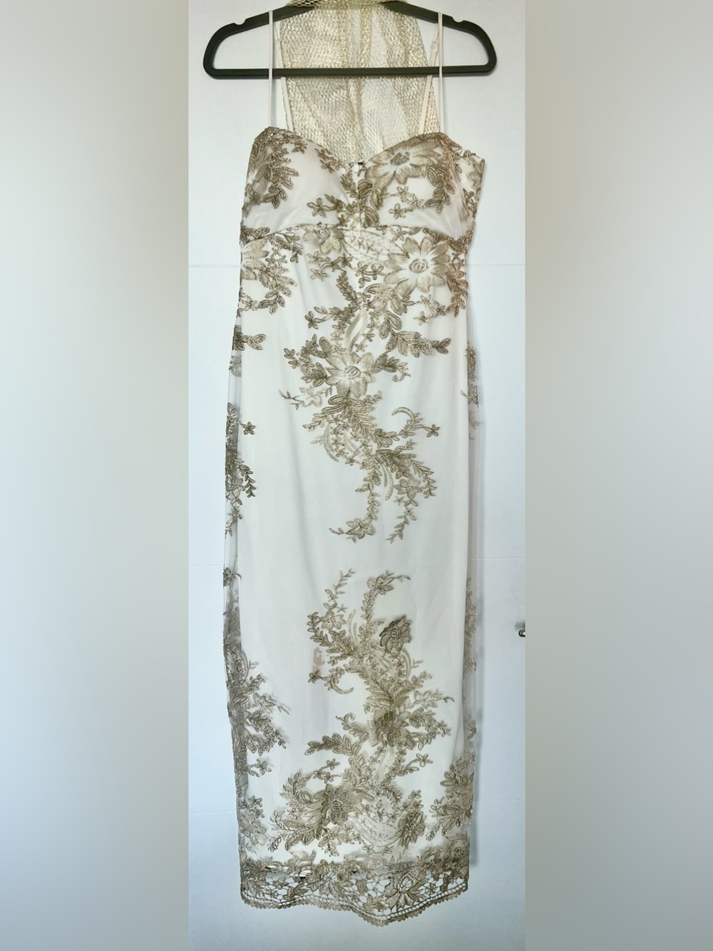 Marina Women’s 10 Ivory Gold Embroidered Lace Maxi Dress